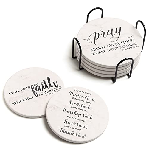 Coasters for Drinks with Bible Verses, Set of 6 Absorbent Drinks Coasters with Holder Ceramic Drink Coaster with Cork Backing for Table Protection, Christian Coasters, Christian Gifts