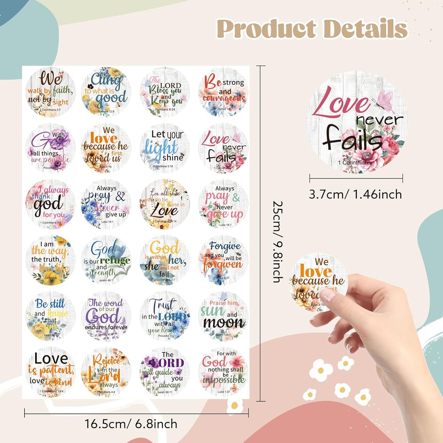 600 Pcs Floral Christian Stickers, 24 Styles Bible Verse Scripture Stickers Religious Inspirational Decals for Crafts Cards Envelope Seals and Christian Party, 1.5 Inch