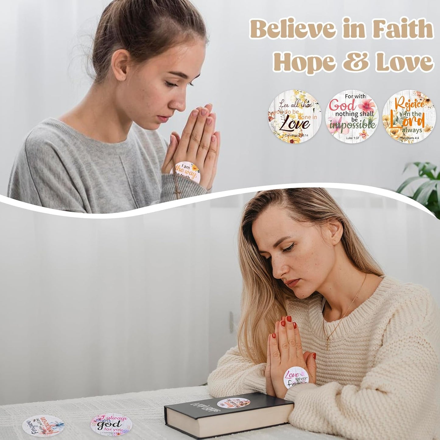600 Pcs Floral Christian Stickers, 24 Styles Bible Verse Scripture Stickers Religious Inspirational Decals for Crafts Cards Envelope Seals and Christian Party, 1.5 Inch