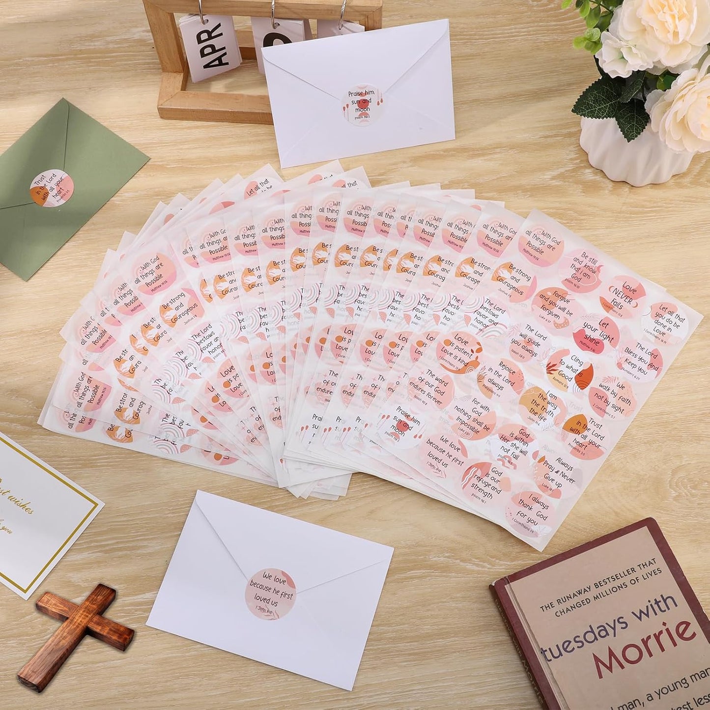 600 Pcs Floral Christian Stickers, 24 Styles Bible Verse Scripture Stickers Religious Inspirational Decals for Crafts Cards Envelope Seals and Christian Party, 1.5 Inch