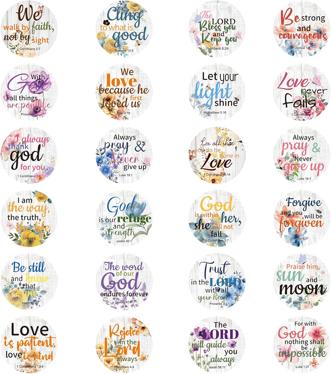 600 Pcs Floral Christian Stickers, 24 Styles Bible Verse Scripture Stickers Religious Inspirational Decals for Crafts Cards Envelope Seals and Christian Party, 1.5 Inch