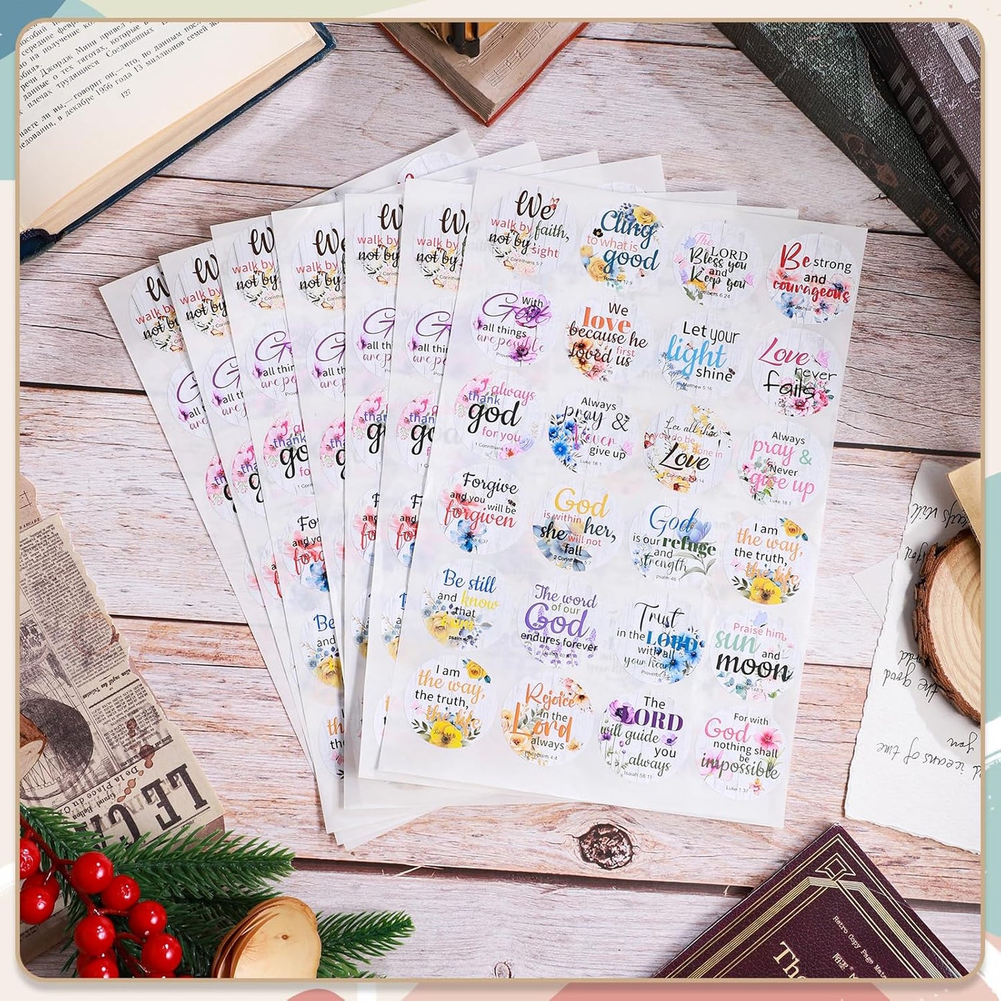 600 Pcs Floral Christian Stickers, 24 Styles Bible Verse Scripture Stickers Religious Inspirational Decals for Crafts Cards Envelope Seals and Christian Party, 1.5 Inch