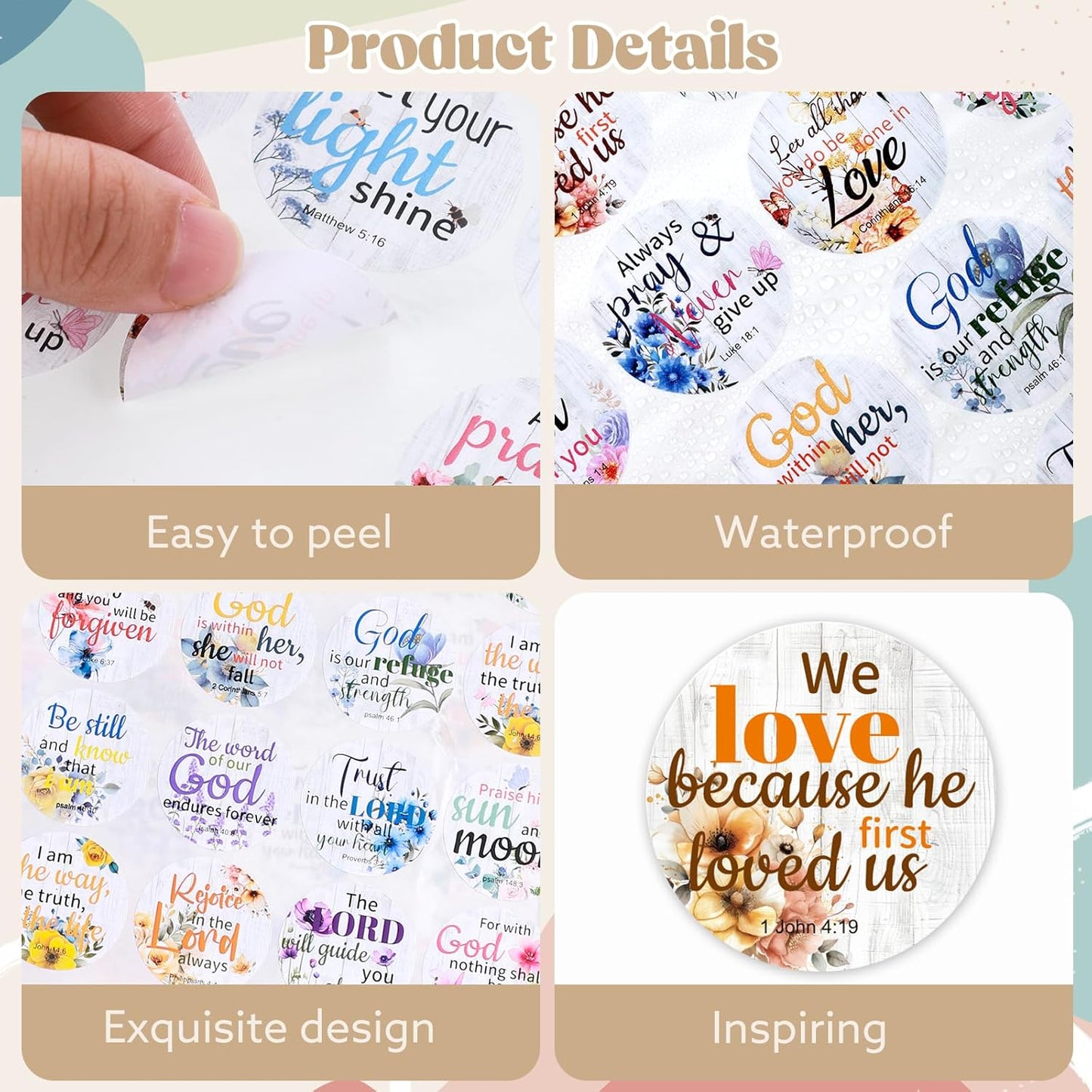 600 Pcs Floral Christian Stickers, 24 Styles Bible Verse Scripture Stickers Religious Inspirational Decals for Crafts Cards Envelope Seals and Christian Party, 1.5 Inch