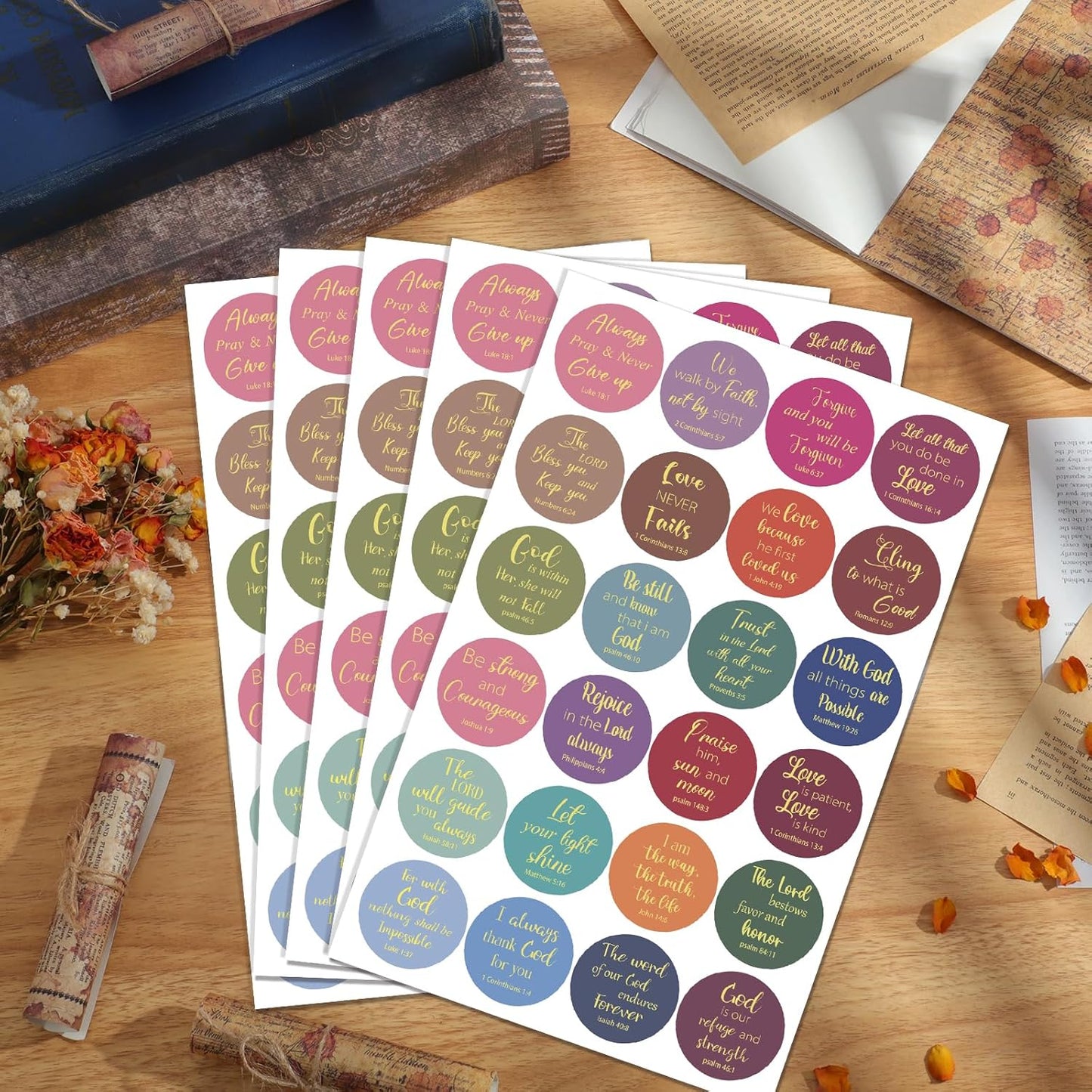 600 Pcs Floral Christian Stickers, 24 Styles Bible Verse Scripture Stickers Religious Inspirational Decals for Crafts Cards Envelope Seals and Christian Party, 1.5 Inch